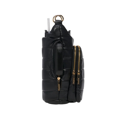 Black quilted backpack with gold zippers on a white background