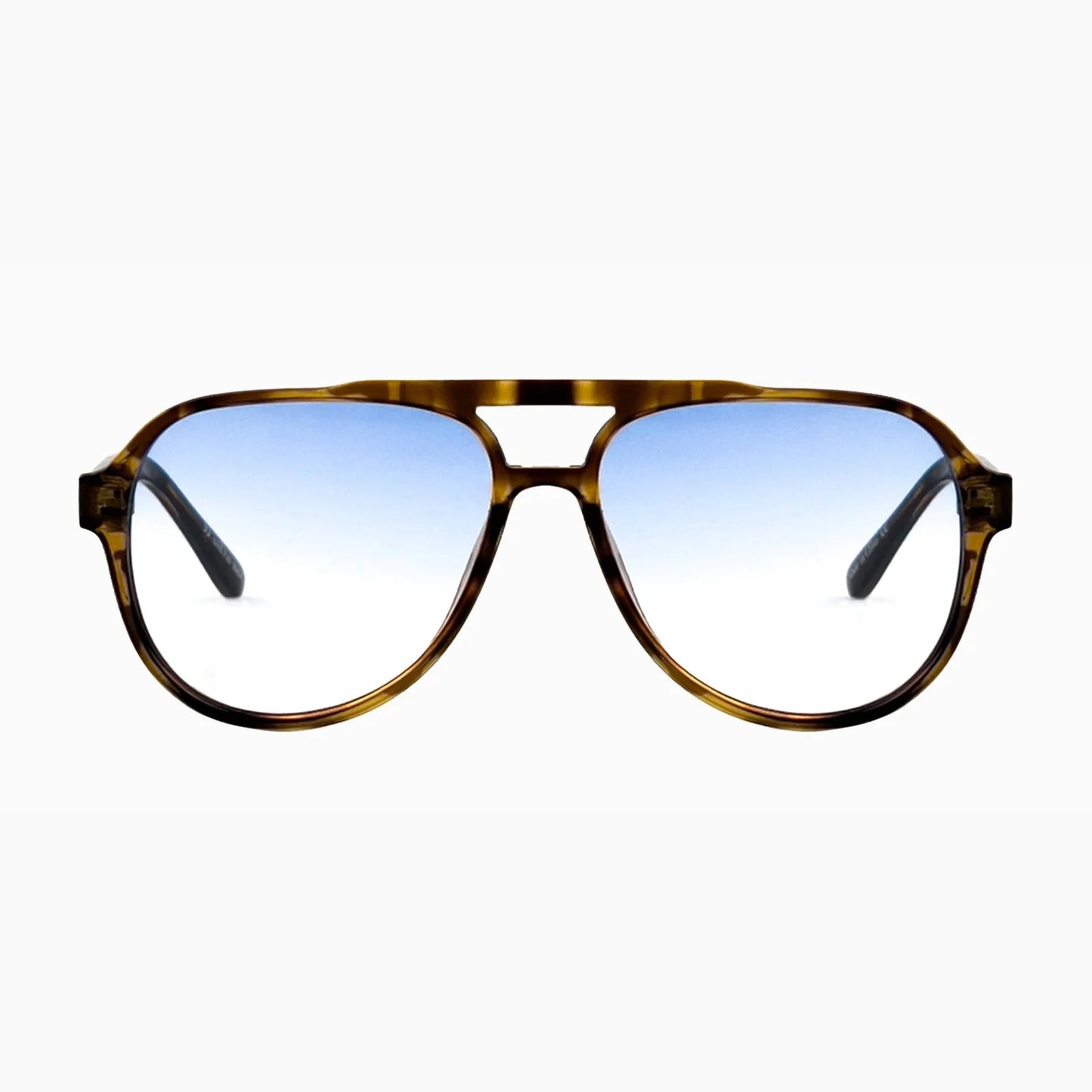 Aviator sunglasses with a tortoiseshell frame and blue gradient lenses on a white background