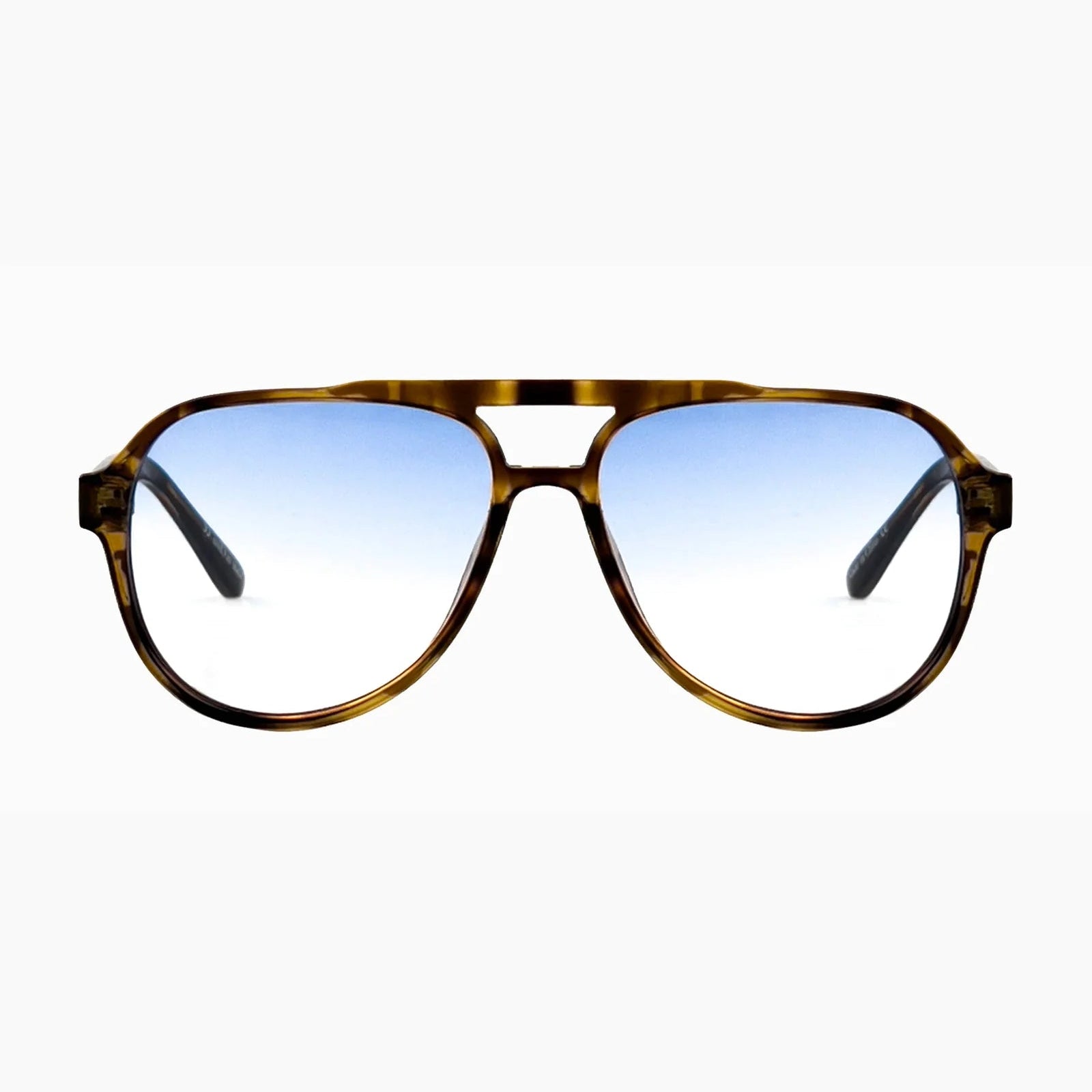 Aviator sunglasses with a tortoiseshell frame and blue gradient lenses on a white background