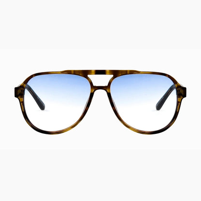 Aviator sunglasses with a tortoiseshell frame and blue gradient lenses on a white background
