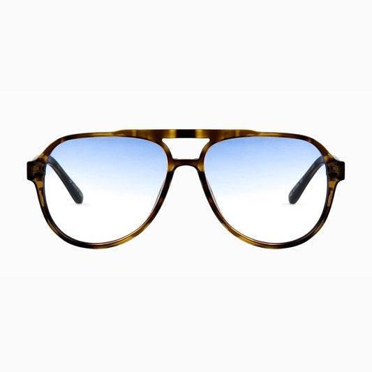 Aviator sunglasses with a tortoiseshell frame and blue gradient lenses on a white background