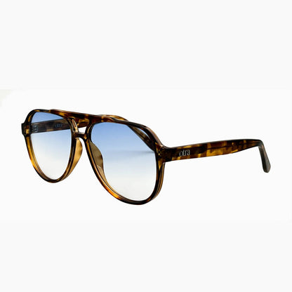 Sunglasses with tortoiseshell frame and blue gradient lenses on a white background