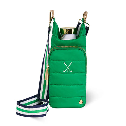 Green quilted bag with a strap and golf club logo on a white background