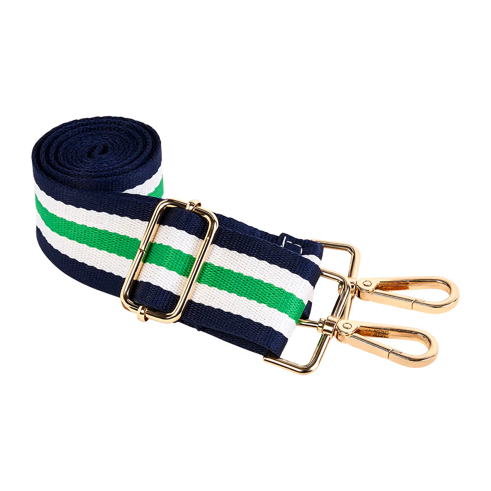 Navy, green, and white striped belt with gold hardware on a white background