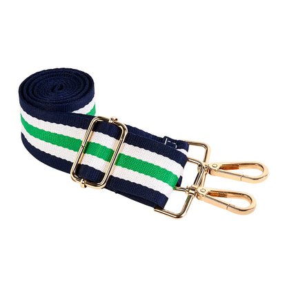 Navy, green, and white striped belt with gold hardware on a white background