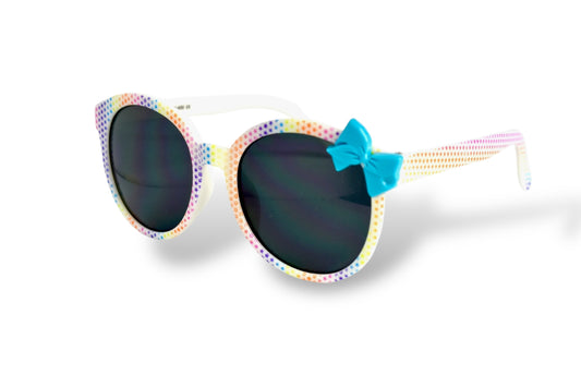 Girls White Sunglasses with Rainbow Tiny Stars and Bright Blue Bow