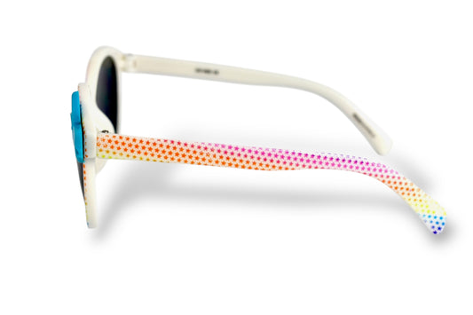 Girls White Sunglasses with Rainbow Tiny Stars and Bright Blue Bow