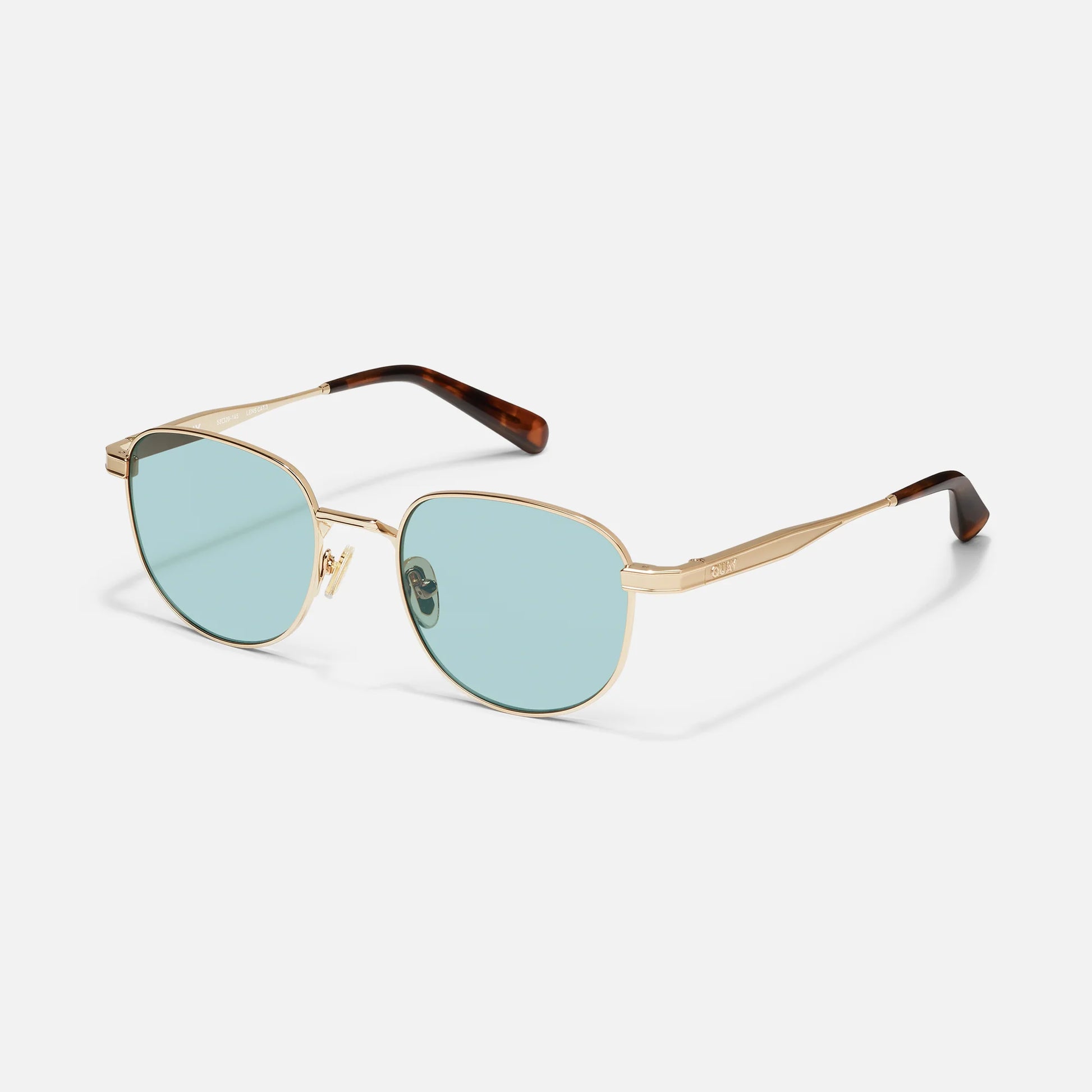Gold-framed sunglasses with blue lenses on a white background