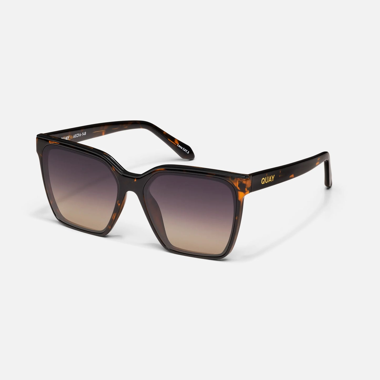 Sunglasses with tortoiseshell frame and gradient lenses on a white background