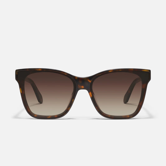 Sunglasses with tortoiseshell frame and gradient lenses on a white background