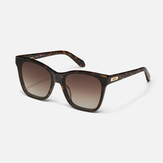 Sunglasses with tortoiseshell frame and gradient lenses on a white background