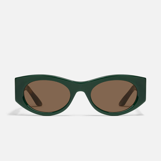 Green sunglasses with brown lenses on a white background