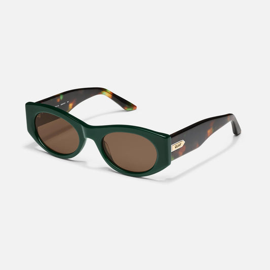 Green sunglasses with brown lenses on a white background