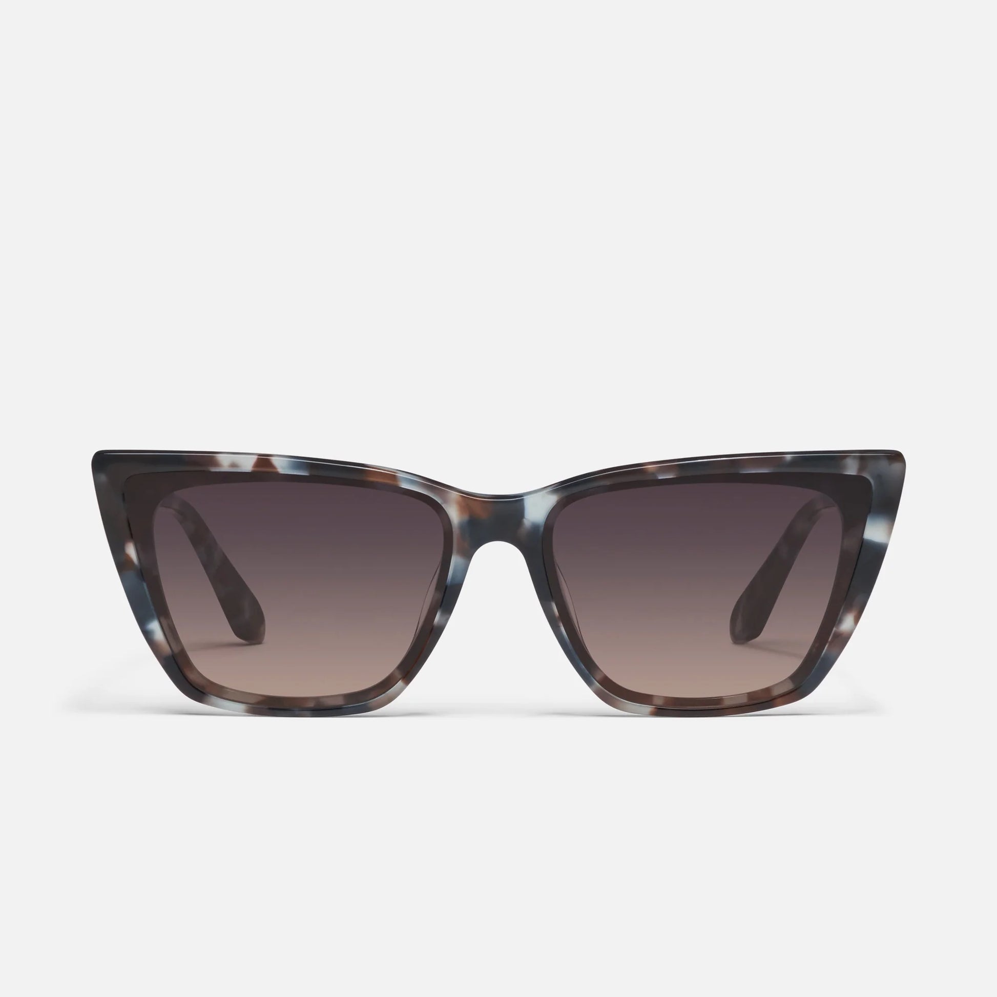 Sunglasses with tortoiseshell frame and dark lenses on a white background