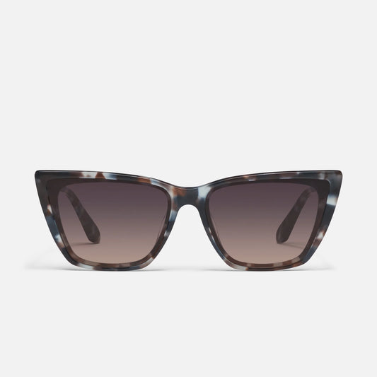 Sunglasses with tortoiseshell frame and dark lenses on a white background