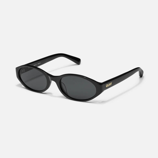Black sunglasses with 'Quay' branding on a white background