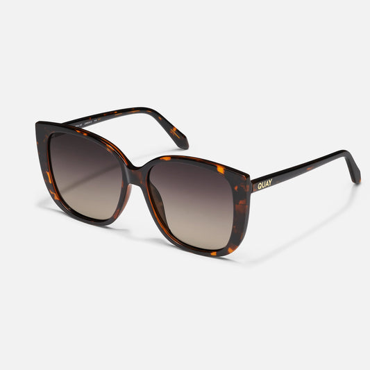 Sunglasses with tortoiseshell frame and gradient lenses on a white background