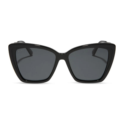 Black cat-eye sunglasses with dark lenses on a white background