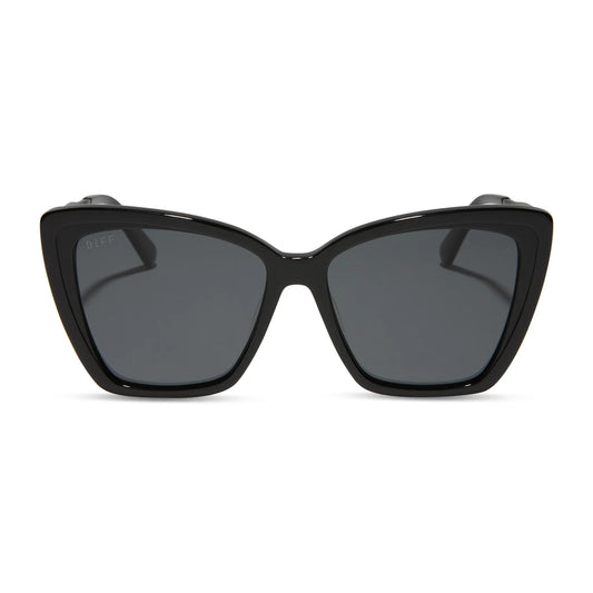 Black cat-eye sunglasses with dark lenses on a white background