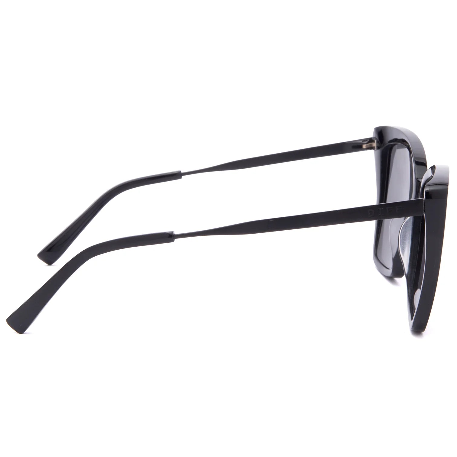 Black sunglasses with a thin frame on a white background