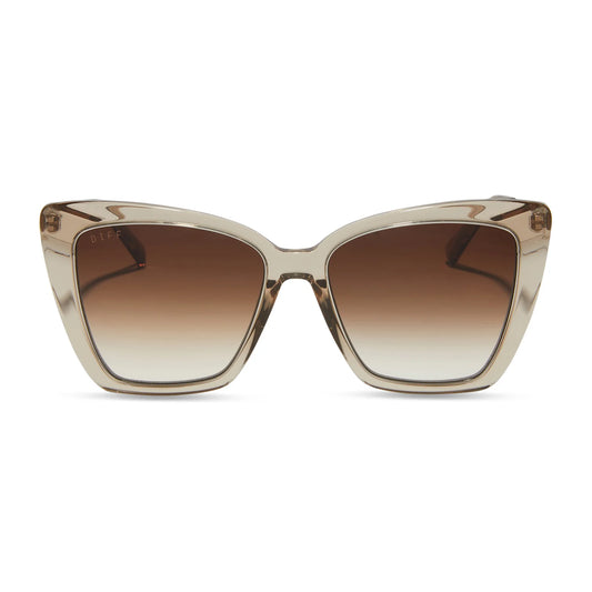 Sunglasses with a gradient brown lens on a white background