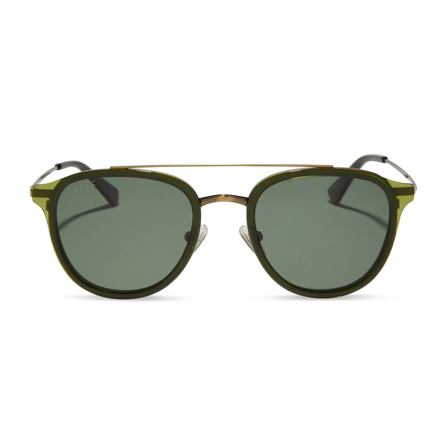 Sunglasses with green frame and dark lenses on a white background
