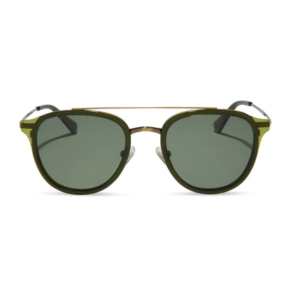 Sunglasses with green frame and dark lenses on a white background