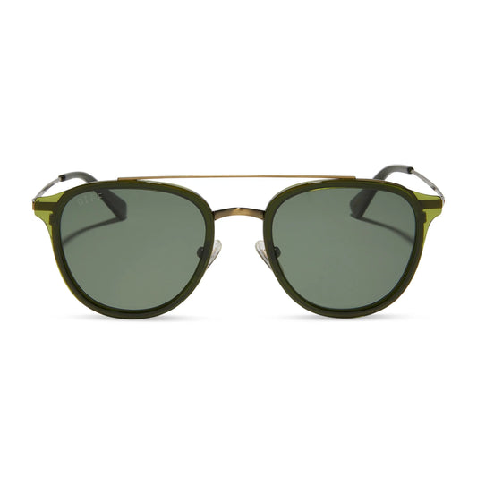 Sunglasses with green frame and dark lenses on a white background