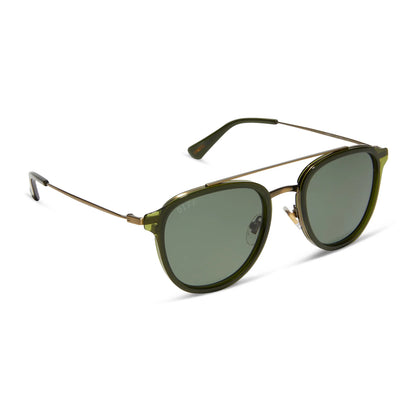 Green sunglasses with gold frames on a white background