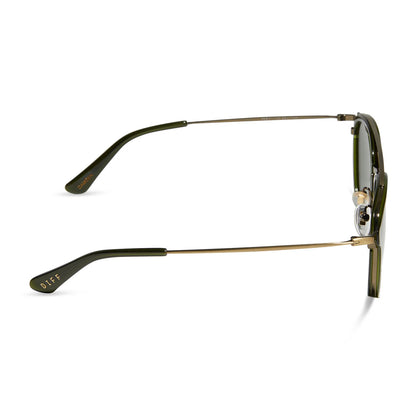 Sunglasses with gold frame and dark lenses on a white background