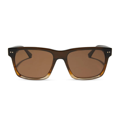 Brown sunglasses with a tortoiseshell frame on a white background