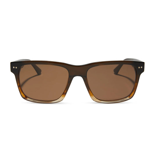 Brown sunglasses with a tortoiseshell frame on a white background