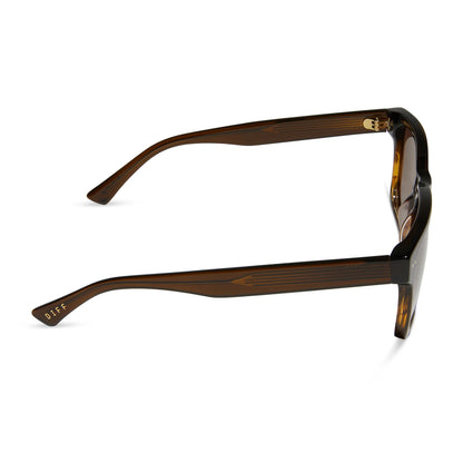 Brown sunglasses with a tortoiseshell pattern on a white background