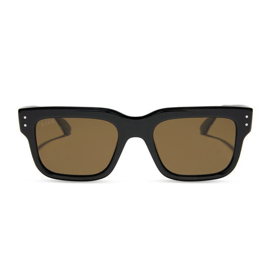 Black sunglasses with brown lenses on a white background