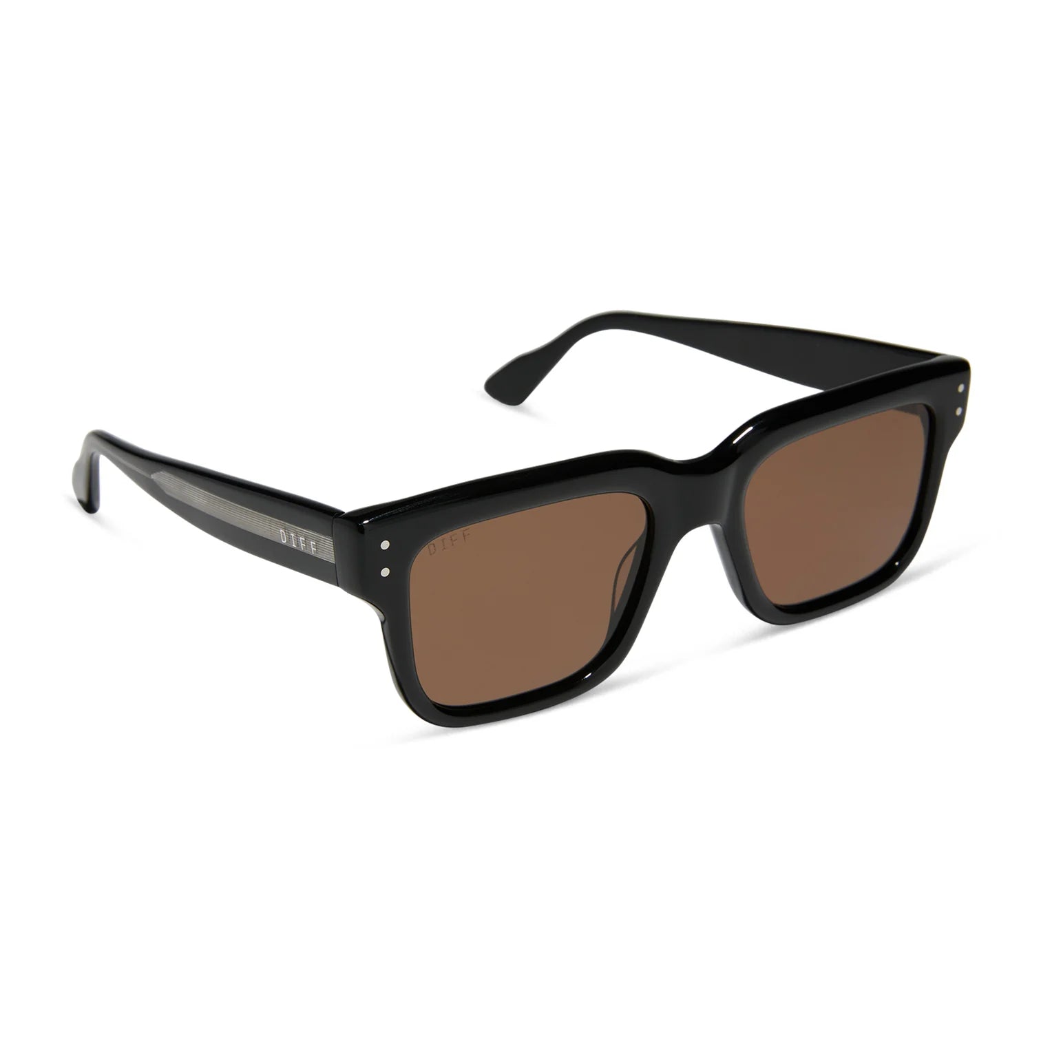 Black sunglasses with brown lenses on a white background