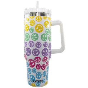 Tumbler with smiley face pattern on a white background