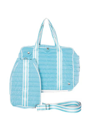 Light blue quilted handbag with a matching pouch on a white background