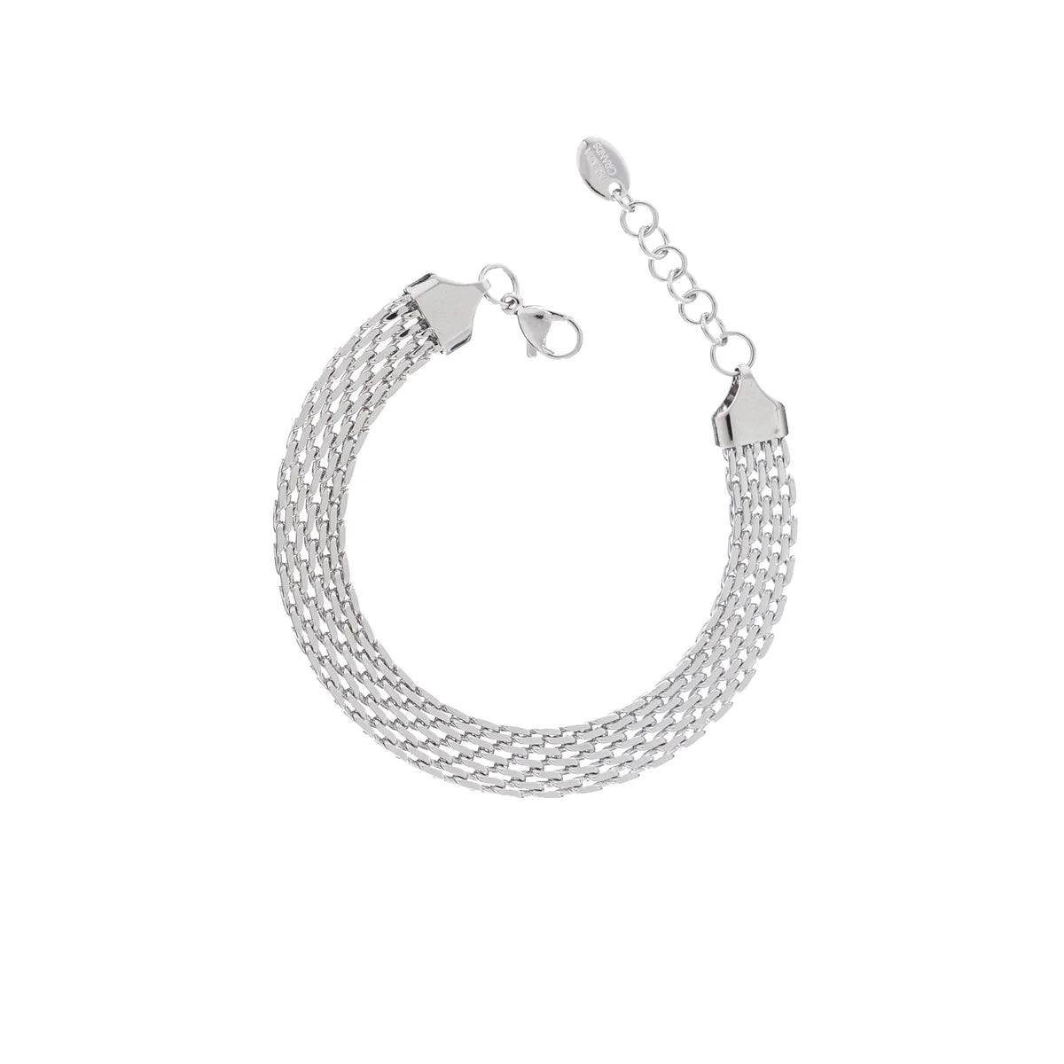 Silver multi-layered bracelet on a white background