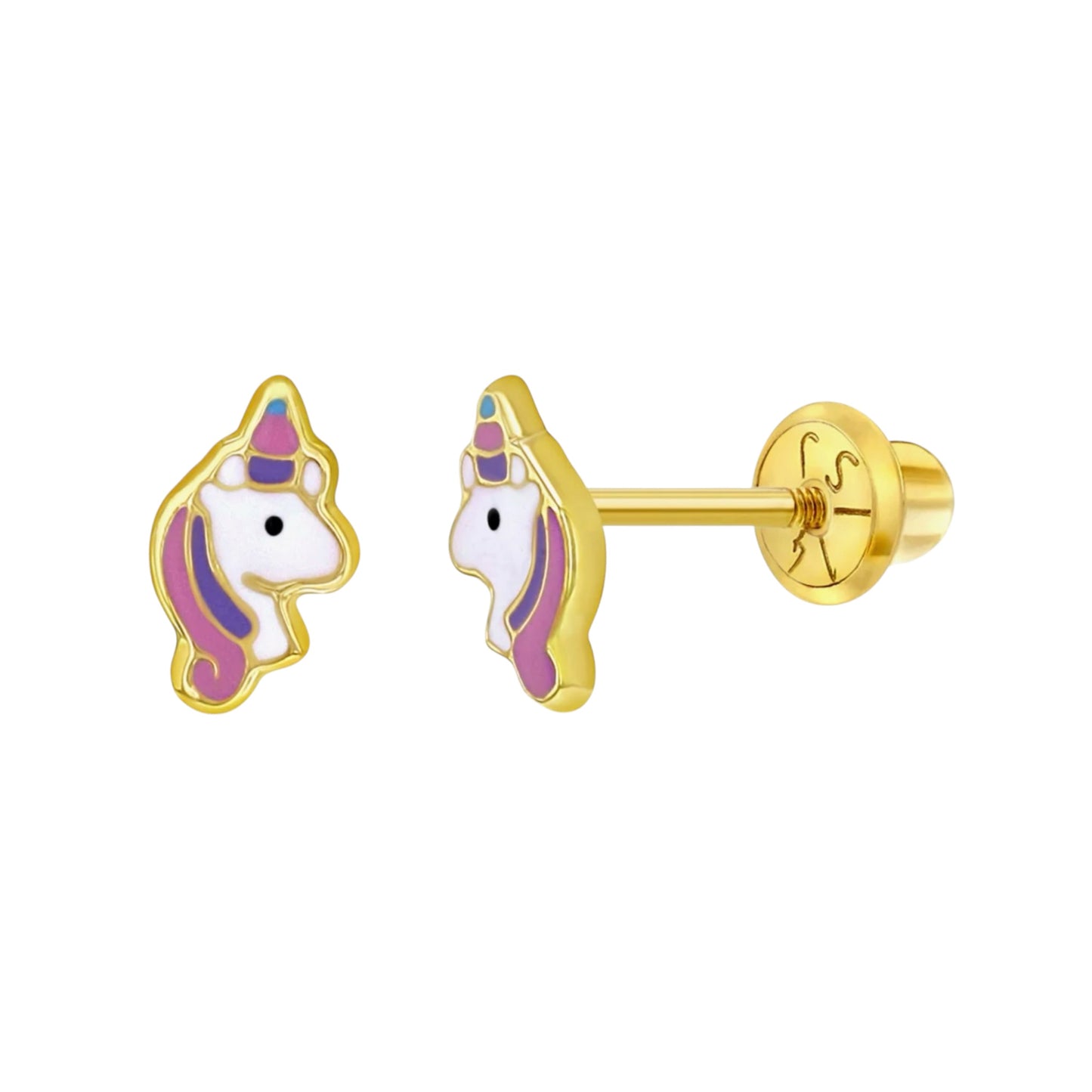 14k Gold Colorful Unicorn Screw Back Girls Earrings