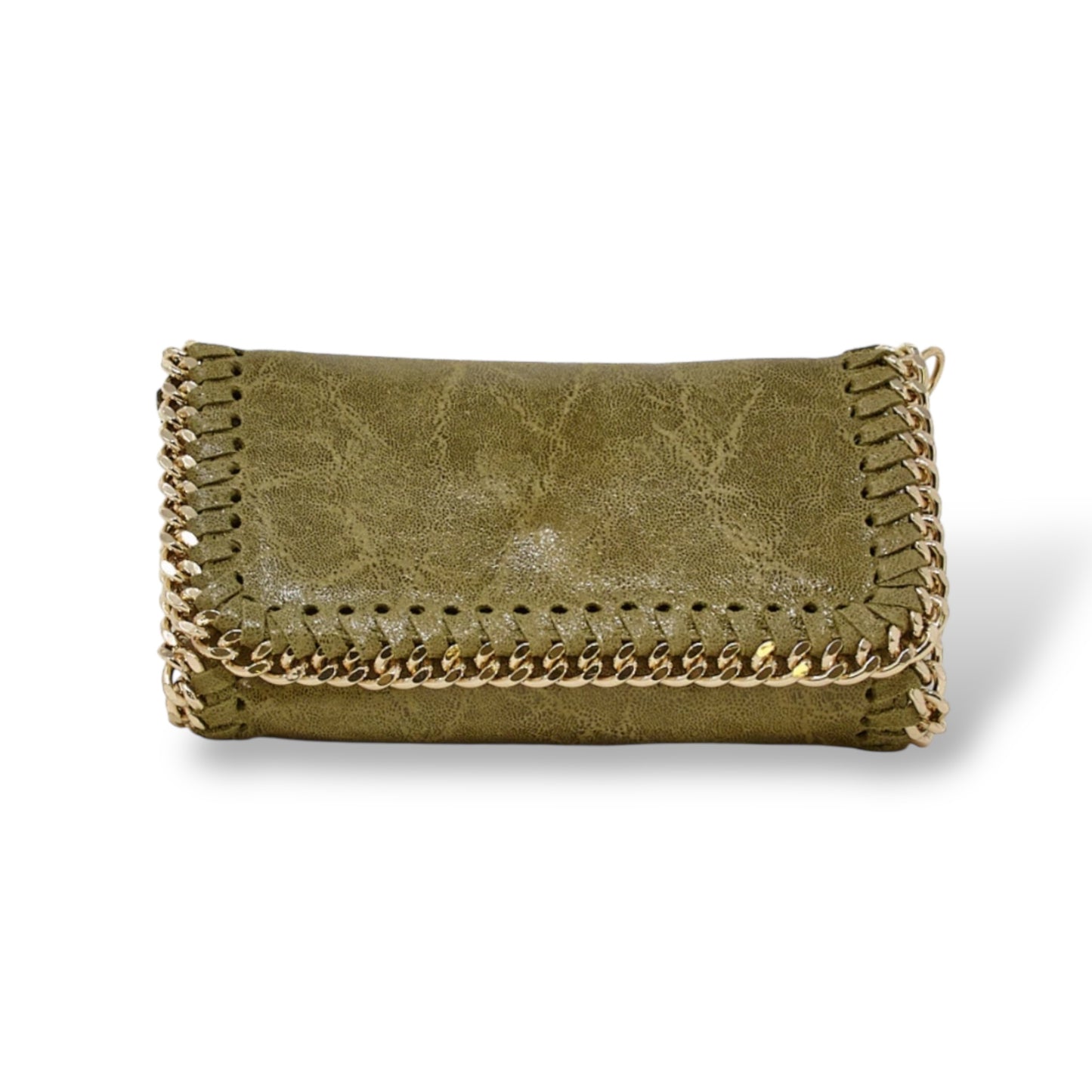 Green clutch bag with gold chain detail on a white background