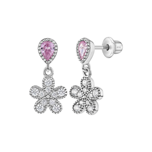 Groovy CZ Flower Dangle Girl Earrings