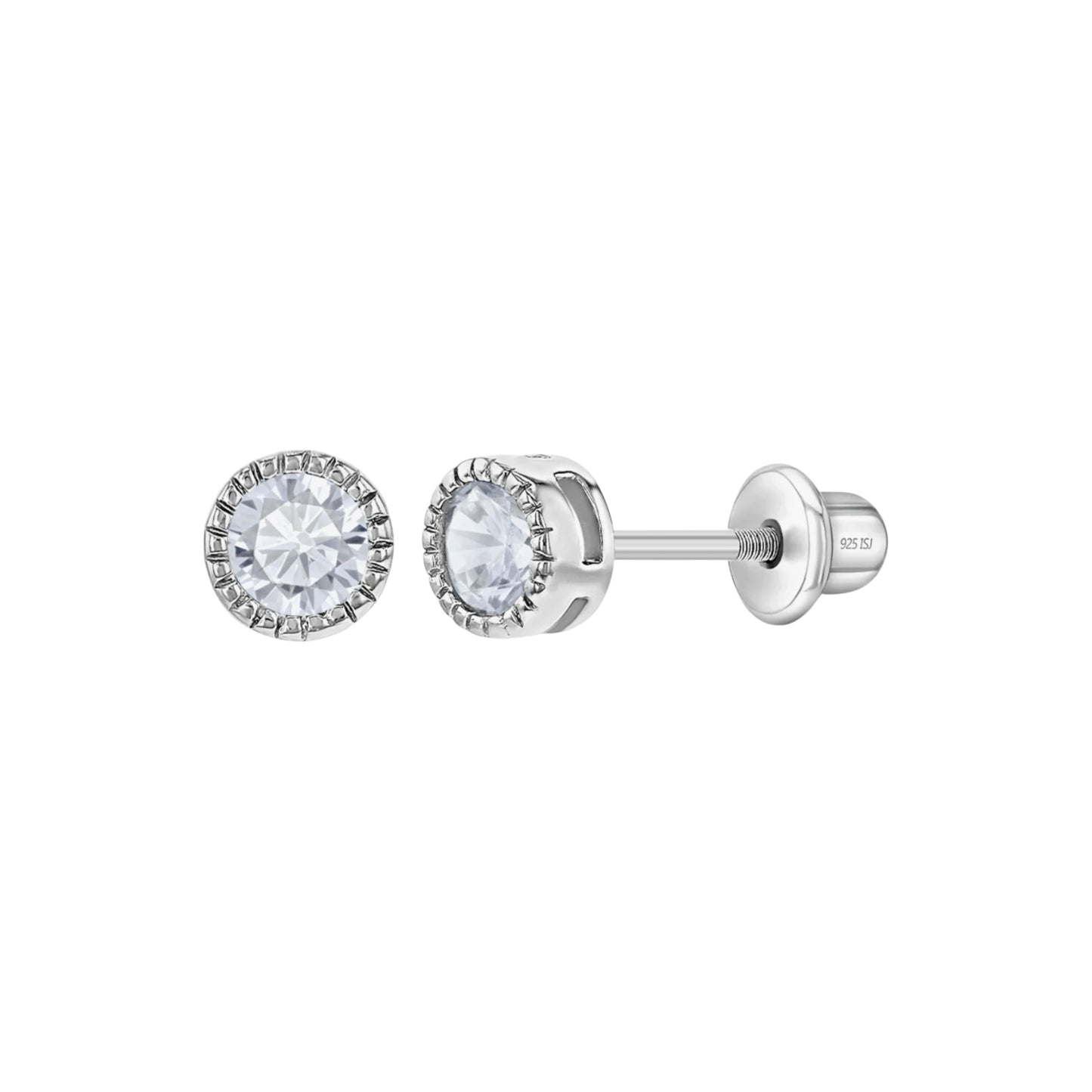 Sterling Silver Trim Bezel Round CZ 5mm Screw Back Earrings