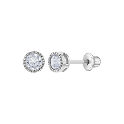 Sterling Silver Trim Bezel Round CZ 5mm Screw Back Earrings