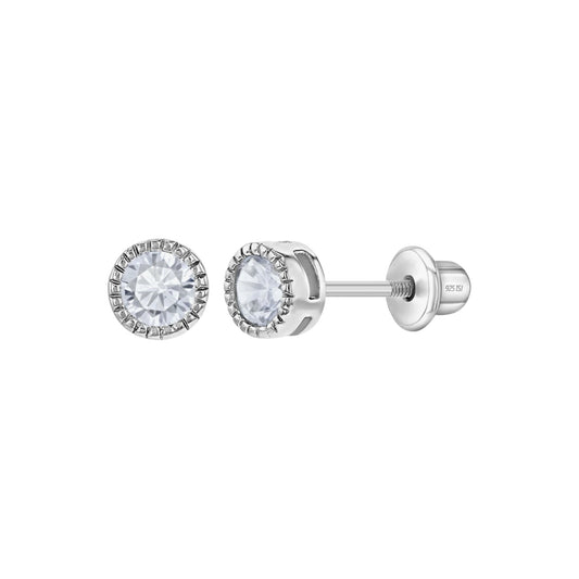 Sterling Silver Trim Bezel Round CZ 5mm Screw Back Earrings