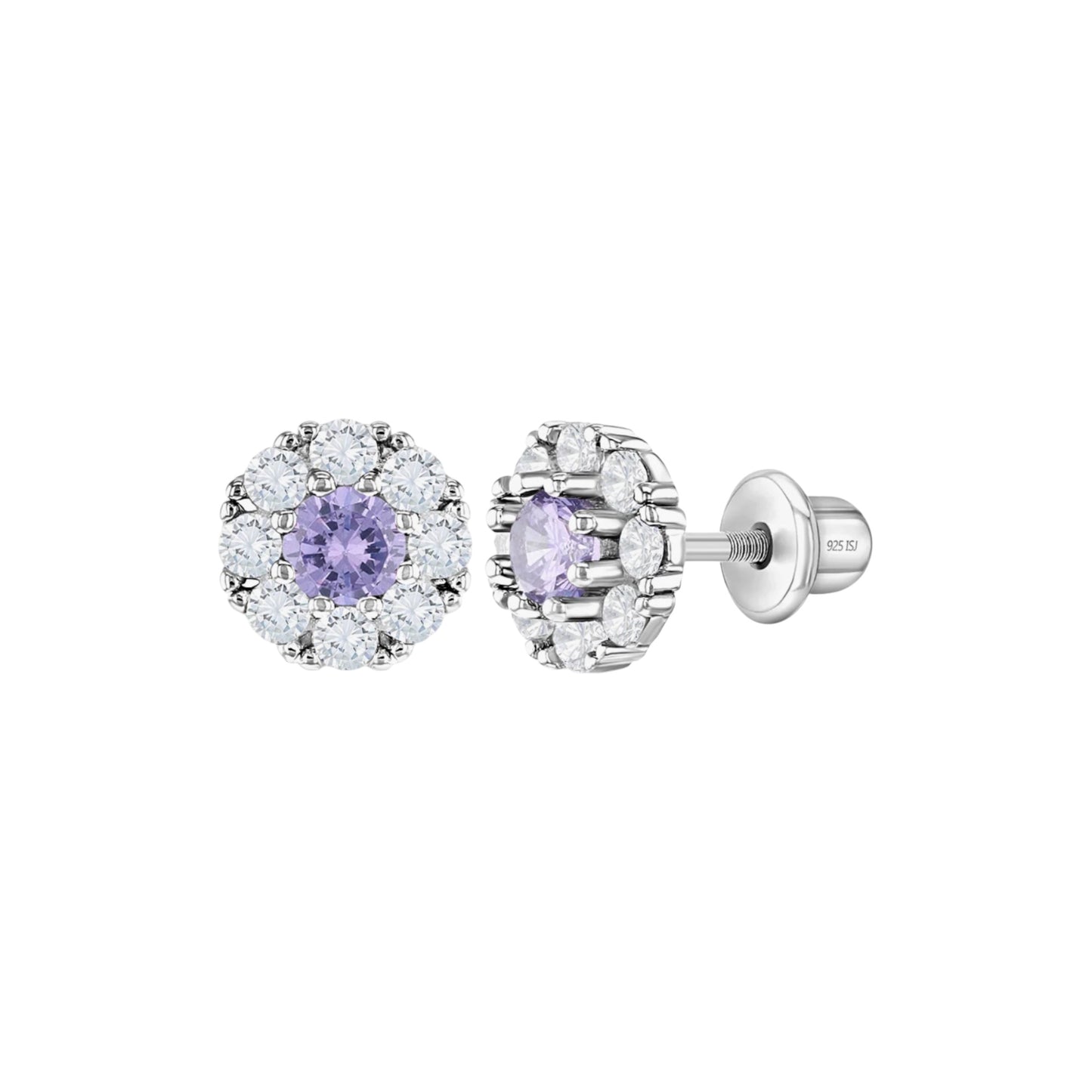 Purple CZ Encircling Solitaire Sterling Silver Screw Back Earrings