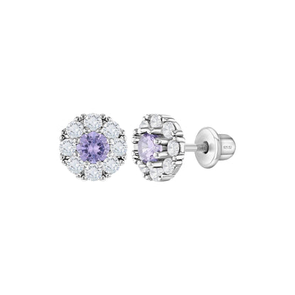 Purple CZ Encircling Solitaire Sterling Silver Screw Back Earrings