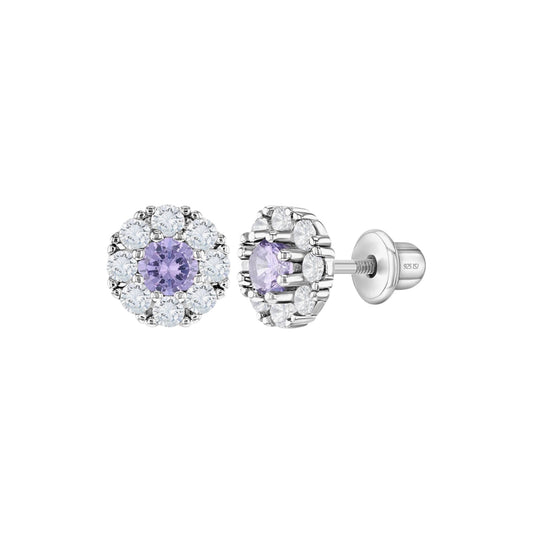 Purple CZ Encircling Solitaire Sterling Silver Screw Back Earrings