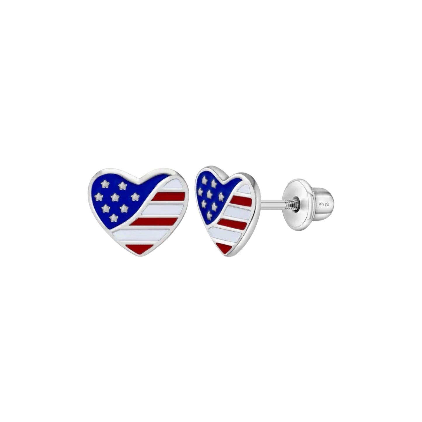 Patriotic Heart Sterling Silver Screw Back Earrings