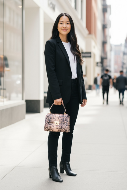 Woman in a black suit holding a patterned handbag on a city street.