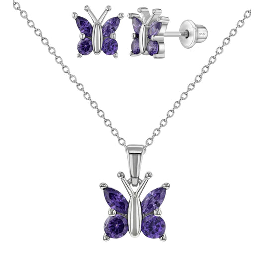 Purple CZ Butterfly Girls Jewelry Set